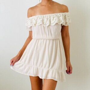 White Off the Shoulder Dress. Lace Trim